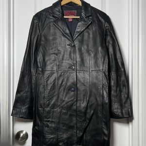 Merona Vintage Genuine Leather Black Longline Duster Coat Y2K Mob Wife Style